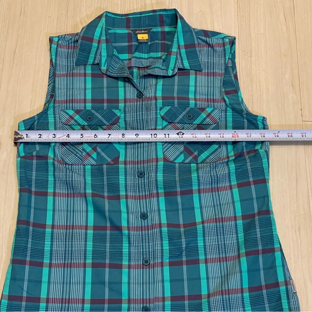 Eddie Bauer Turquoise and Navy Plaid Top Sleeveless Collar Pocket Women Size S - Picture 8 of 13